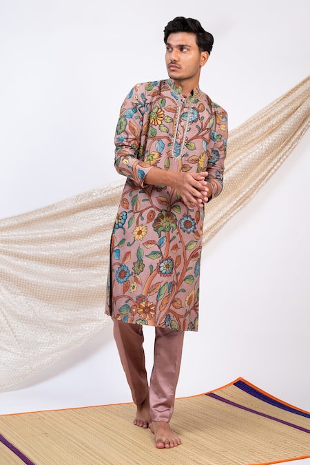 Buy Aamra By Lavanya Pink Silk Print Kalamkari Gulshan Kurta With Pant Online at Aza Fashions Buy_Aamra By Lavanya_Pink Silk Print Kalamkari Gulshan Kurta With Pant _Online_at_Aza_Fashions
