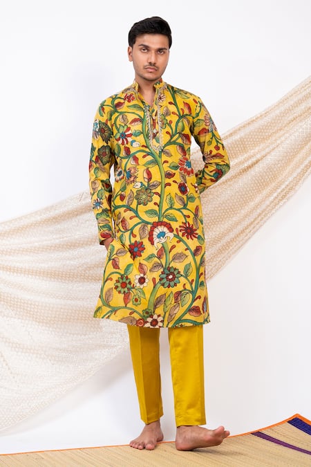 AAMRA BY LAVANYA Yellow Silk Print Kalamkari Gulbahar Kurta With Pant 