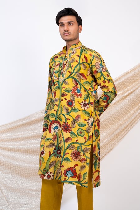 Aamra By Lavanya_Yellow Silk Print Kalamkari Gulbahar Kurta With Pant _Online_at_Aza_Fashions