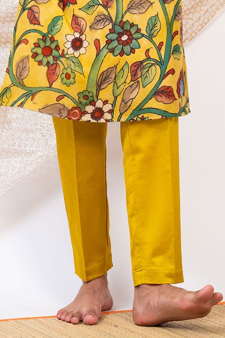 Buy_Aamra By Lavanya_Yellow Silk Print Kalamkari Gulbahar Kurta With Pant _Online_at_Aza_Fashions