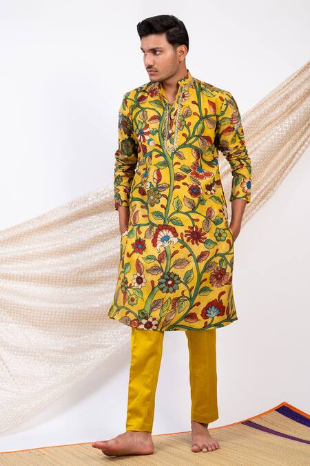 Shop_Aamra By Lavanya_Yellow Silk Print Kalamkari Gulbahar Kurta With Pant _Online_at_Aza_Fashions