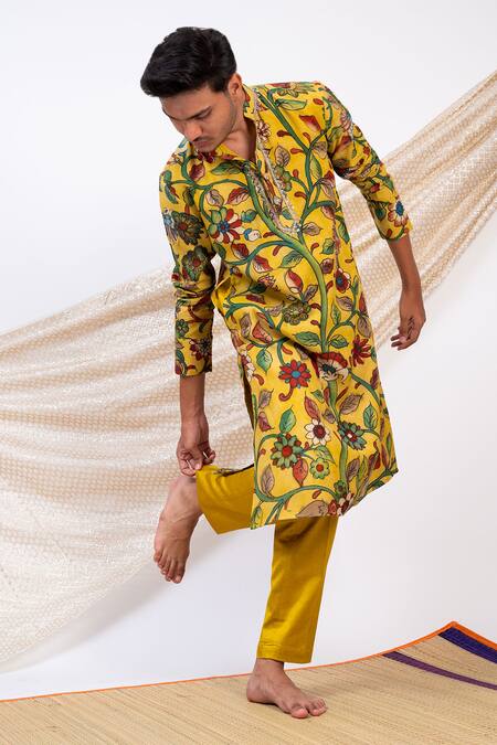 Aamra By Lavanya_Yellow Silk Print Kalamkari Gulbahar Kurta With Pant _at_Aza_Fashions