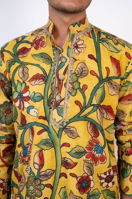 Buy_Aamra By Lavanya_Yellow Silk Print Kalamkari Gulbahar Kurta With Pant 