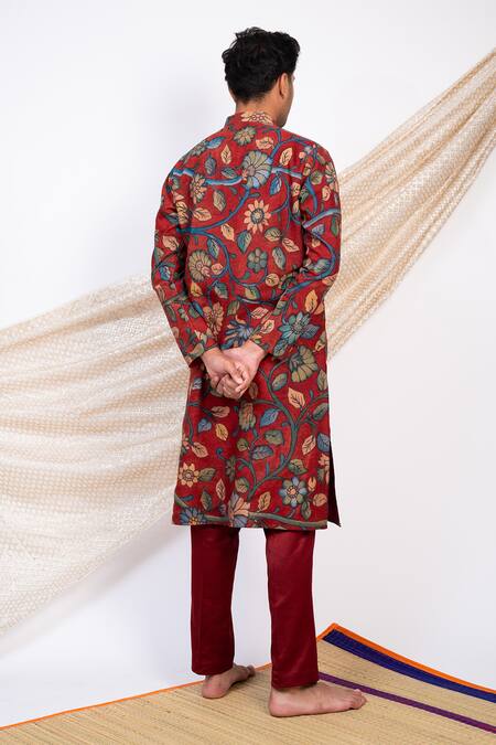 Aamra By Lavanya_Maroon Silk Print Kalamkari Noor Gul Kurta With Pant _Online_at_Aza_Fashions