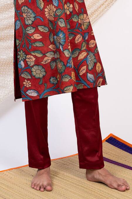 Buy_Aamra By Lavanya_Maroon Silk Print Kalamkari Noor Gul Kurta With Pant _Online_at_Aza_Fashions