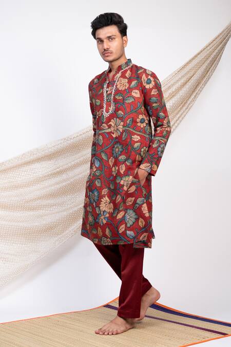 Shop_Aamra By Lavanya_Maroon Silk Print Kalamkari Noor Gul Kurta With Pant _Online_at_Aza_Fashions