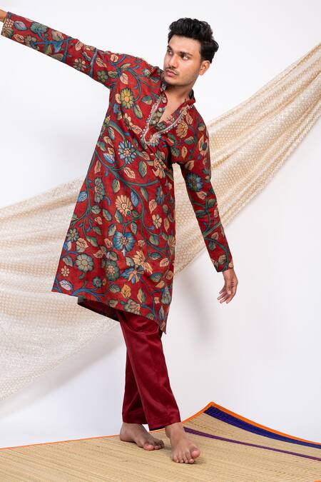 Aamra By Lavanya_Maroon Silk Print Kalamkari Noor Gul Kurta With Pant _at_Aza_Fashions