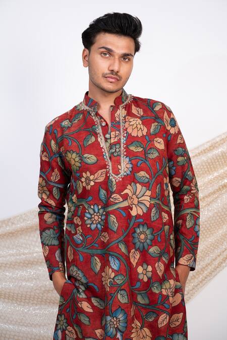 Buy_Aamra By Lavanya_Maroon Silk Print Kalamkari Noor Gul Kurta With Pant 