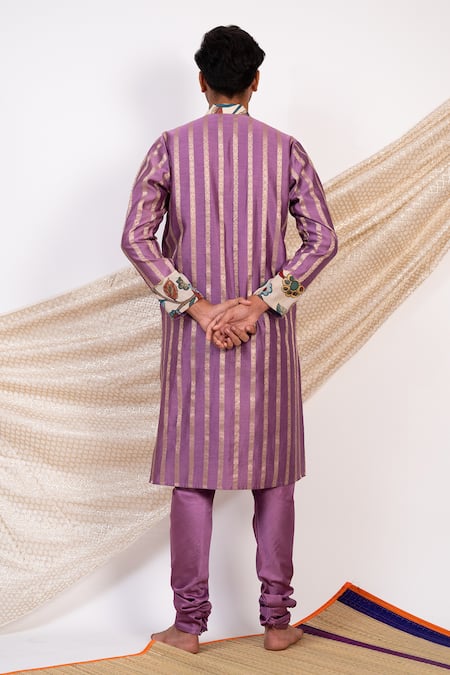 Shop Aamra By Lavanya Purple Chanderi Silk Print Kalamkari Bahar Blossom Striped Kurta With Churidar at Aza Fashions Shop_Aamra By Lavanya_Purple Chanderi Silk Print Kalamkari Bahar Blossom Striped Kurta With Churidar _at_Aza_Fashions