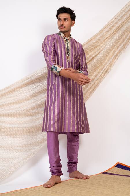 Shop Aamra By Lavanya Purple Chanderi Silk Print Kalamkari Bahar Blossom Striped Kurta With Churidar Online at Aza Fashions Shop_Aamra By Lavanya_Purple Chanderi Silk Print Kalamkari Bahar Blossom Striped Kurta With Churidar _Online_at_Aza_Fashions