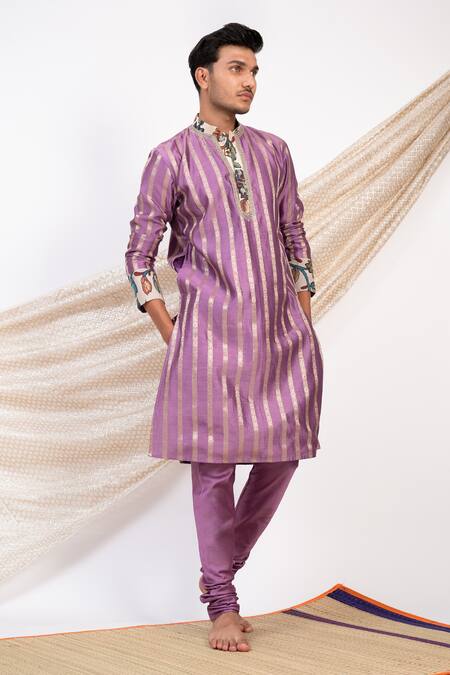 Aamra By Lavanya Purple Chanderi Silk Print Kalamkari Bahar Blossom Striped Kurta With Churidar at Aza Fashions Aamra By Lavanya_Purple Chanderi Silk Print Kalamkari Bahar Blossom Striped Kurta With Churidar _at_Aza_Fashions