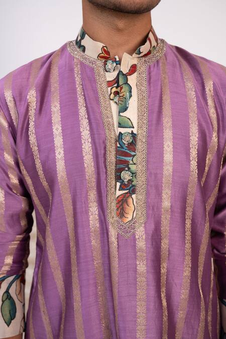 Buy Aamra By Lavanya Purple Chanderi Silk Print Kalamkari Bahar Blossom Striped Kurta With Churidar Buy_Aamra By Lavanya_Purple Chanderi Silk Print Kalamkari Bahar Blossom Striped Kurta With Churidar