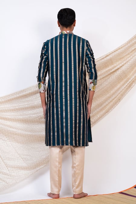 Shop Aamra By Lavanya Blue Chanderi Silk Print Kalamkari Wildbloom Striped Kurta With Pant at Aza Fashions Shop_Aamra By Lavanya_Blue Chanderi Silk Print Kalamkari Wildbloom Striped Kurta With Pant _at_Aza_Fashions