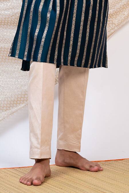 Aamra By Lavanya Blue Chanderi Silk Print Kalamkari Wildbloom Striped Kurta With Pant Online at Aza Fashions Aamra By Lavanya_Blue Chanderi Silk Print Kalamkari Wildbloom Striped Kurta With Pant _Online_at_Aza_Fashions