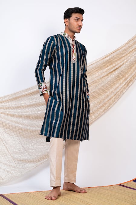 Buy Aamra By Lavanya Blue Chanderi Silk Print Kalamkari Wildbloom Striped Kurta With Pant Online at Aza Fashions Buy_Aamra By Lavanya_Blue Chanderi Silk Print Kalamkari Wildbloom Striped Kurta With Pant _Online_at_Aza_Fashions