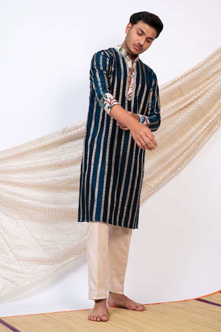 Shop Aamra By Lavanya Blue Chanderi Silk Print Kalamkari Wildbloom Striped Kurta With Pant Online at Aza Fashions Shop_Aamra By Lavanya_Blue Chanderi Silk Print Kalamkari Wildbloom Striped Kurta With Pant _Online_at_Aza_Fashions