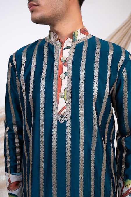 Aamra By Lavanya Blue Chanderi Silk Print Kalamkari Wildbloom Striped Kurta With Pant at Aza Fashions Aamra By Lavanya_Blue Chanderi Silk Print Kalamkari Wildbloom Striped Kurta With Pant _at_Aza_Fashions