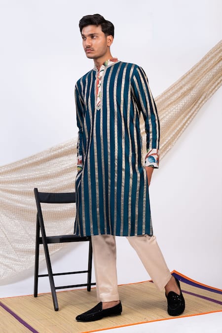 Buy Aamra By Lavanya Blue Chanderi Silk Print Kalamkari Wildbloom Striped Kurta With Pant Buy_Aamra By Lavanya_Blue Chanderi Silk Print Kalamkari Wildbloom Striped Kurta With Pant