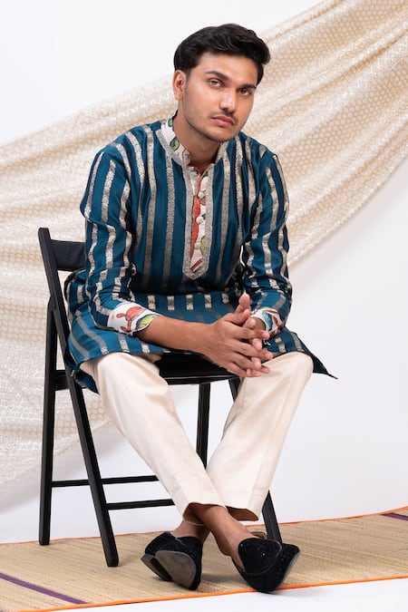Shop Aamra By Lavanya Blue Chanderi Silk Print Kalamkari Wildbloom Striped Kurta With Pant Shop_Aamra By Lavanya_Blue Chanderi Silk Print Kalamkari Wildbloom Striped Kurta With Pant