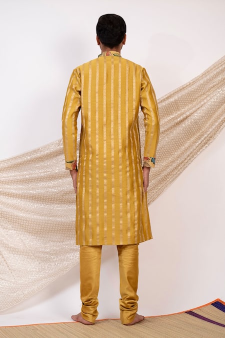 Shop Aamra By Lavanya Yellow Chanderi Silk Woven Pitta Lotus Vine Striped Kurta With Churidar at Aza Fashions Shop_Aamra By Lavanya_Yellow Chanderi Silk Woven Pitta Lotus Vine Striped Kurta With Churidar _at_Aza_Fashions