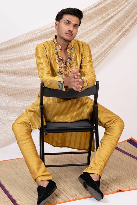 Aamra By Lavanya Yellow Chanderi Silk Woven Pitta Lotus Vine Striped Kurta With Churidar Online at Aza Fashions Aamra By Lavanya_Yellow Chanderi Silk Woven Pitta Lotus Vine Striped Kurta With Churidar _Online_at_Aza_Fashions