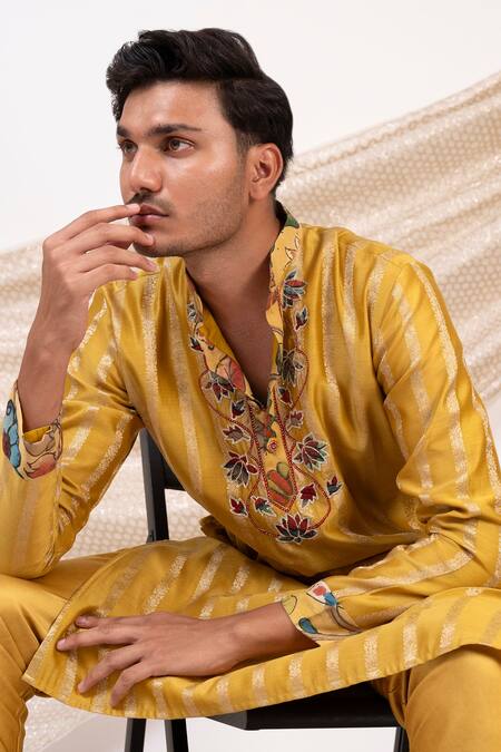Buy Aamra By Lavanya Yellow Chanderi Silk Woven Pitta Lotus Vine Striped Kurta With Churidar Online at Aza Fashions Buy_Aamra By Lavanya_Yellow Chanderi Silk Woven Pitta Lotus Vine Striped Kurta With Churidar _Online_at_Aza_Fashions