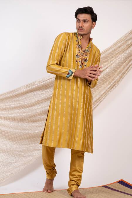 Shop Aamra By Lavanya Yellow Chanderi Silk Woven Pitta Lotus Vine Striped Kurta With Churidar Online at Aza Fashions Shop_Aamra By Lavanya_Yellow Chanderi Silk Woven Pitta Lotus Vine Striped Kurta With Churidar _Online_at_Aza_Fashions