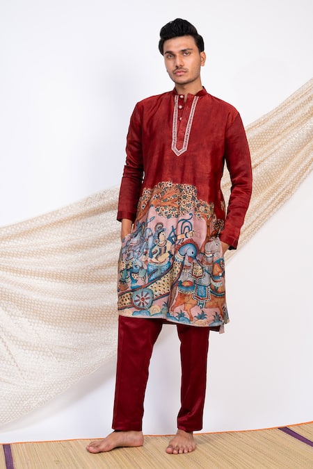 AAMRA BY LAVANYA Maroon Linen Satin Print Kalamkari Artistic Sena Kurta With Pant 