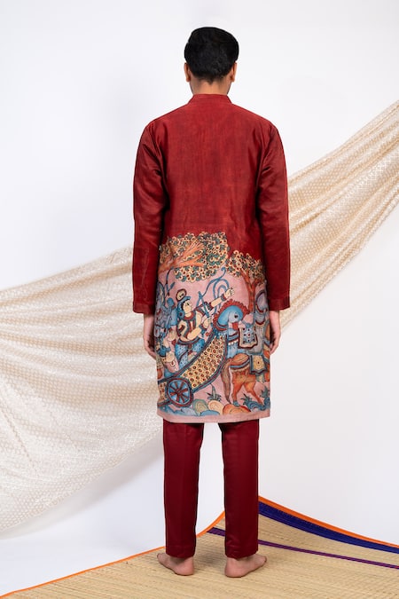 Shop Aamra By Lavanya Maroon Linen Satin Print Kalamkari Artistic Sena Kurta With Pant at Aza Fashions Shop_Aamra By Lavanya_Maroon Linen Satin Print Kalamkari Artistic Sena Kurta With Pant _at_Aza_Fashions