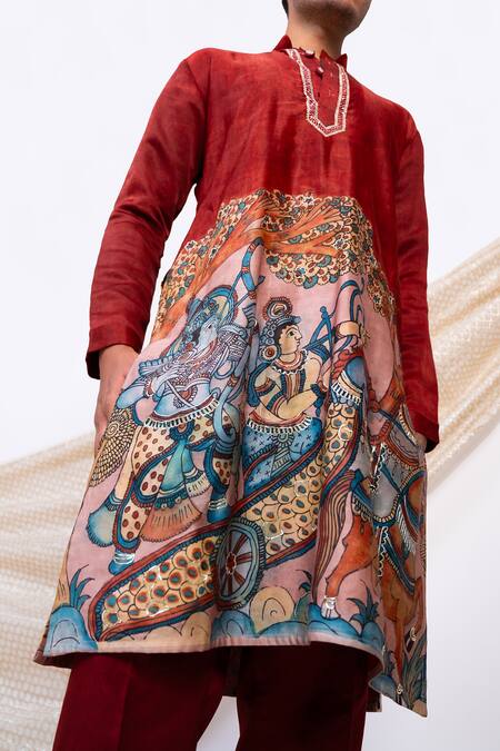 Aamra By Lavanya Maroon Linen Satin Print Kalamkari Artistic Sena Kurta With Pant Online at Aza Fashions Aamra By Lavanya_Maroon Linen Satin Print Kalamkari Artistic Sena Kurta With Pant _Online_at_Aza_Fashions