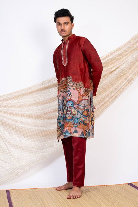 Buy Aamra By Lavanya Maroon Linen Satin Print Kalamkari Artistic Sena Kurta With Pant Online at Aza Fashions Buy_Aamra By Lavanya_Maroon Linen Satin Print Kalamkari Artistic Sena Kurta With Pant _Online_at_Aza_Fashions