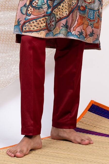 Shop Aamra By Lavanya Maroon Linen Satin Print Kalamkari Artistic Sena Kurta With Pant Online at Aza Fashions Shop_Aamra By Lavanya_Maroon Linen Satin Print Kalamkari Artistic Sena Kurta With Pant _Online_at_Aza_Fashions