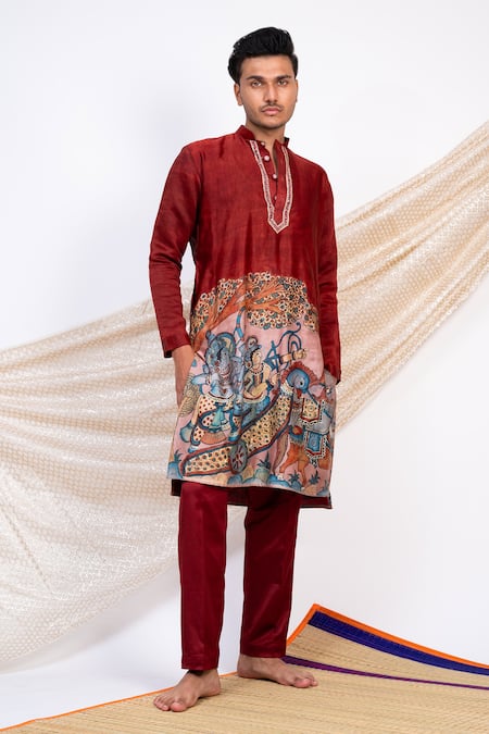 Aamra By Lavanya Maroon Linen Satin Print Kalamkari Artistic Sena Kurta With Pant at Aza Fashions Aamra By Lavanya_Maroon Linen Satin Print Kalamkari Artistic Sena Kurta With Pant _at_Aza_Fashions