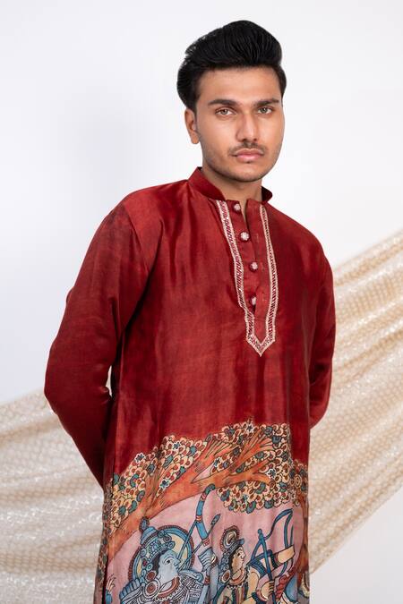 Buy Aamra By Lavanya Maroon Linen Satin Print Kalamkari Artistic Sena Kurta With Pant Buy_Aamra By Lavanya_Maroon Linen Satin Print Kalamkari Artistic Sena Kurta With Pant