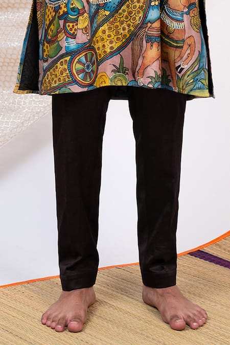 Aamra By Lavanya_Black Linen Satin Print Kalamkari Ancient Sena Kurta With Pant _Online_at_Aza_Fashions