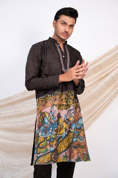 Shop_Aamra By Lavanya_Black Linen Satin Print Kalamkari Ancient Sena Kurta With Pant _Online_at_Aza_Fashions
