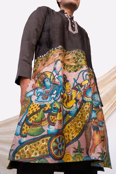 Aamra By Lavanya_Black Linen Satin Print Kalamkari Ancient Sena Kurta With Pant _at_Aza_Fashions
