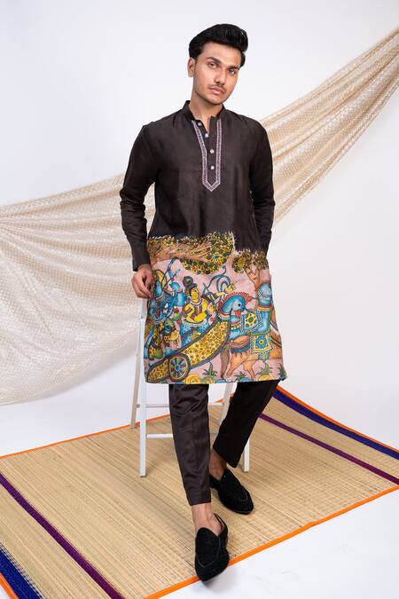 Buy_Aamra By Lavanya_Black Linen Satin Print Kalamkari Ancient Sena Kurta With Pant 