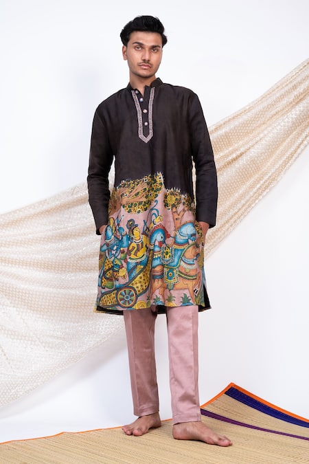 AAMRA BY LAVANYA Black Linen Satin Print Kalamkari Sena Kurta With Pant 