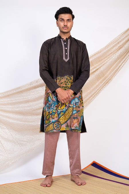 Shop Aamra By Lavanya Black Linen Satin Print Kalamkari Sena Kurta With Pant at Aza Fashions Shop_Aamra By Lavanya_Black Linen Satin Print Kalamkari Sena Kurta With Pant _at_Aza_Fashions