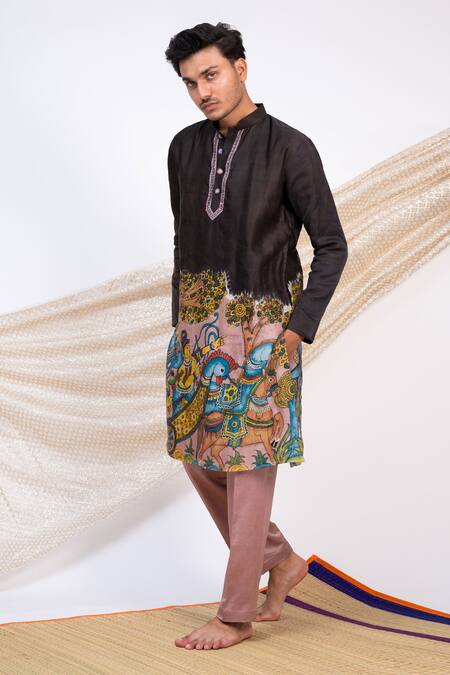 Shop Aamra By Lavanya Black Linen Satin Print Kalamkari Sena Kurta With Pant Online at Aza Fashions Shop_Aamra By Lavanya_Black Linen Satin Print Kalamkari Sena Kurta With Pant _Online_at_Aza_Fashions
