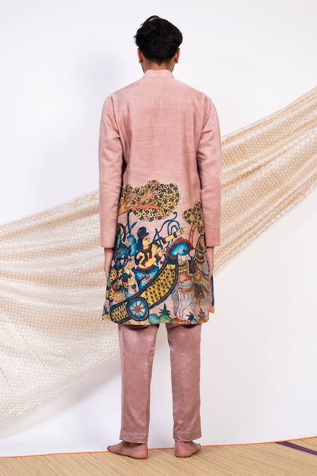 Shop Aamra By Lavanya Pink Linen Satin Print Kalamkari Commander Sena Kurta With Pant at Aza Fashions Shop_Aamra By Lavanya_Pink Linen Satin Print Kalamkari Commander Sena Kurta With Pant _at_Aza_Fashions
