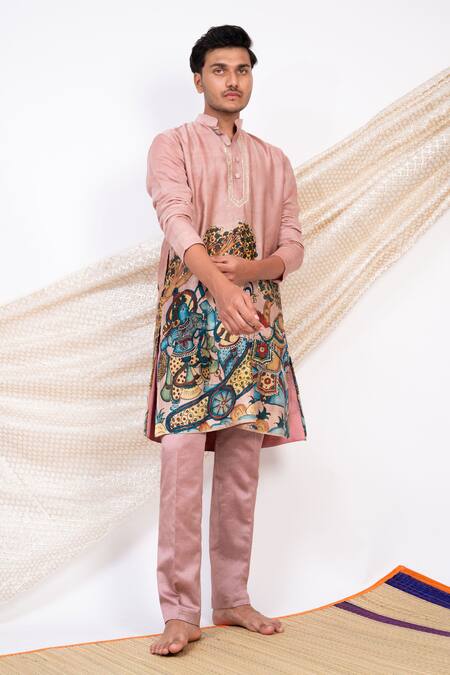 Buy Aamra By Lavanya Pink Linen Satin Print Kalamkari Commander Sena Kurta With Pant Online at Aza Fashions Buy_Aamra By Lavanya_Pink Linen Satin Print Kalamkari Commander Sena Kurta With Pant _Online_at_Aza_Fashions