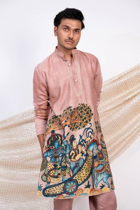 Shop Aamra By Lavanya Pink Linen Satin Print Kalamkari Commander Sena Kurta With Pant Online at Aza Fashions Shop_Aamra By Lavanya_Pink Linen Satin Print Kalamkari Commander Sena Kurta With Pant _Online_at_Aza_Fashions