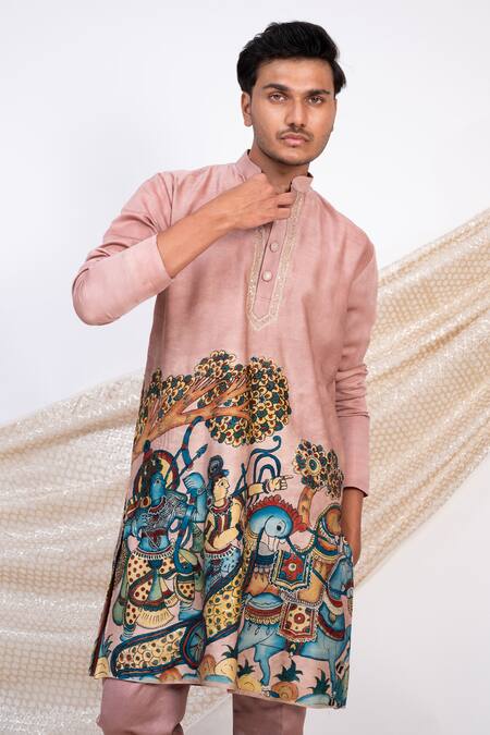 Aamra By Lavanya Pink Linen Satin Print Kalamkari Commander Sena Kurta With Pant at Aza Fashions Aamra By Lavanya_Pink Linen Satin Print Kalamkari Commander Sena Kurta With Pant _at_Aza_Fashions