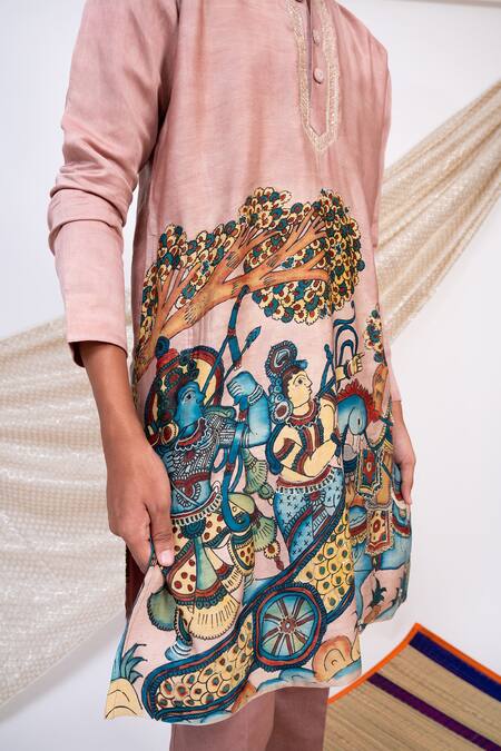 Buy Aamra By Lavanya Pink Linen Satin Print Kalamkari Commander Sena Kurta With Pant Buy_Aamra By Lavanya_Pink Linen Satin Print Kalamkari Commander Sena Kurta With Pant