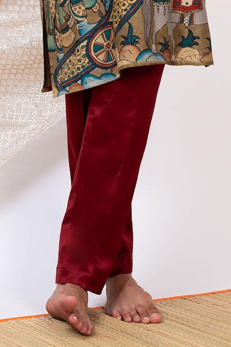 Aamra By Lavanya_Green Linen Satin Print Kalamkari Dev Sena Kurta With Pant _Online_at_Aza_Fashions