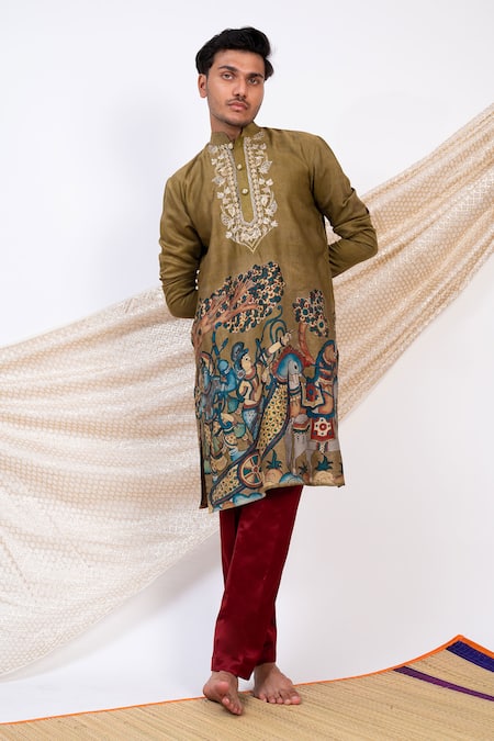 Buy_Aamra By Lavanya_Green Linen Satin Print Kalamkari Dev Sena Kurta With Pant _Online_at_Aza_Fashions