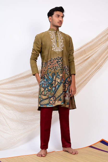 Shop_Aamra By Lavanya_Green Linen Satin Print Kalamkari Dev Sena Kurta With Pant _Online_at_Aza_Fashions