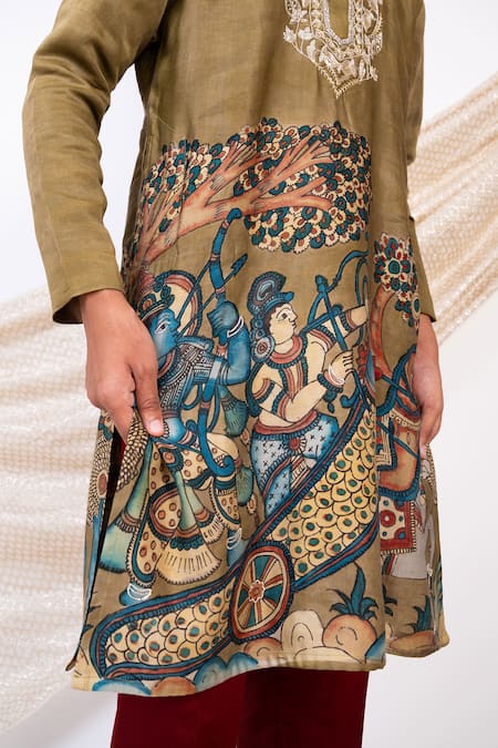 Buy_Aamra By Lavanya_Green Linen Satin Print Kalamkari Dev Sena Kurta With Pant 